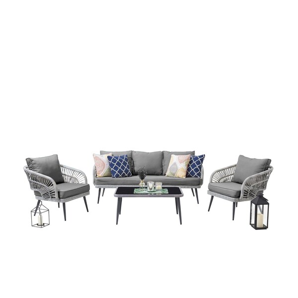 Manhattan Comfort Riviera Rope Wicker 4-Piece 5 Seater Patio Conversation Set with Cushions in Grey OD-CV015-GY - main
